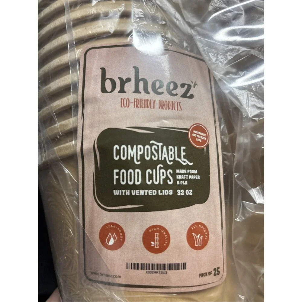 Eco Friendly Compostable Food Cups With Vented Lids 32oz Pack Of 25 Cups No Leak
